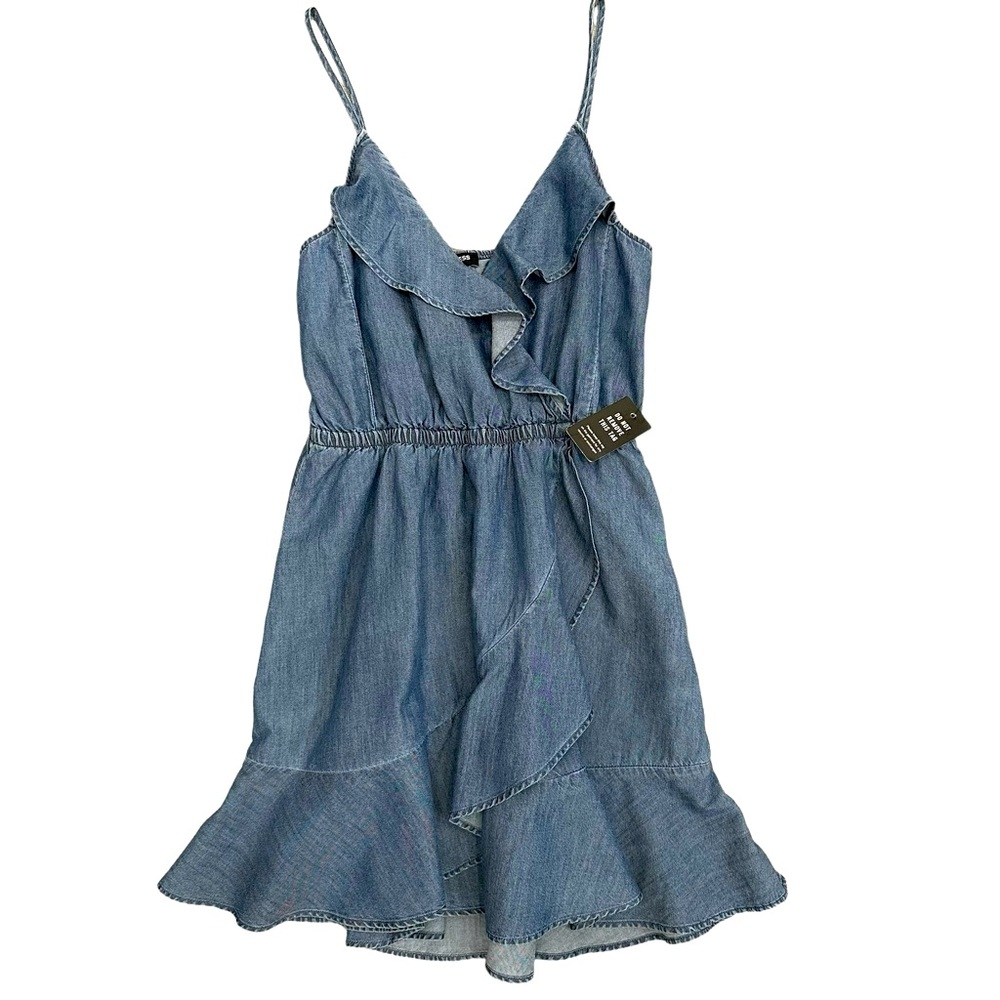 Express Chambray Ruffle Front Mini Dress